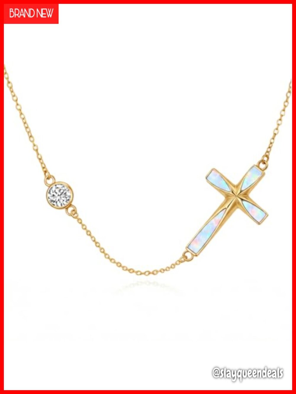 14K Gold Plated Sideways Cross Necklace Opal Birthstone Pendant